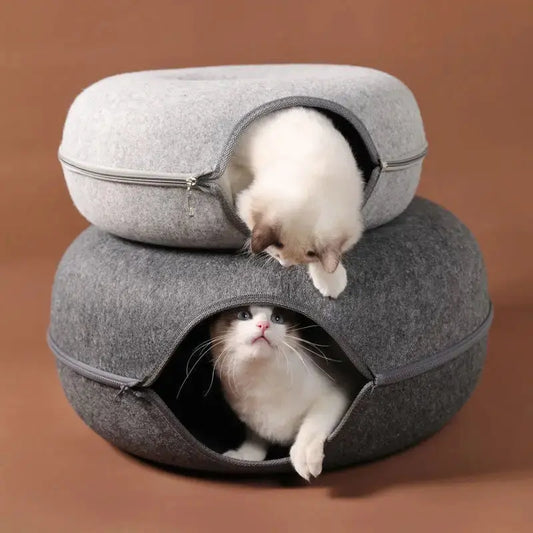 Cozy Donut Cat Bed with Interactive Tunnel - Stylish and Versatile Pet Felt Indoor Playhouse for Cats and Kittens